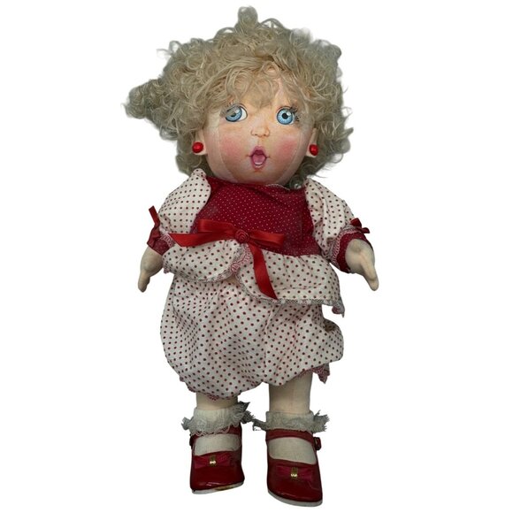 Vintage Handmade Cloth Doll Blonde Curly Hair Polka Dot Dress & Red Shoes READ - Picture 1 of 11
